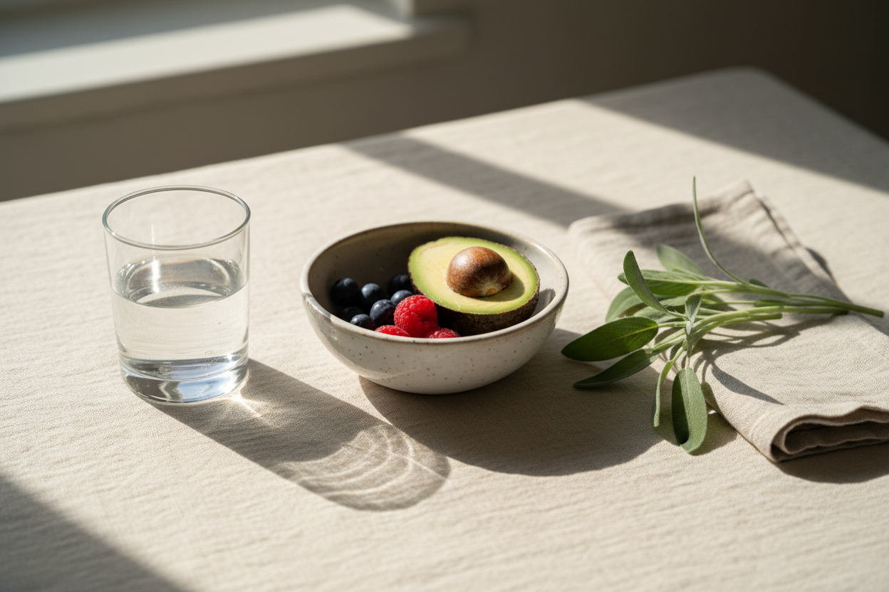 A glass of water, a small bowl of fruit and fresh sage on cream linen in soft morning light