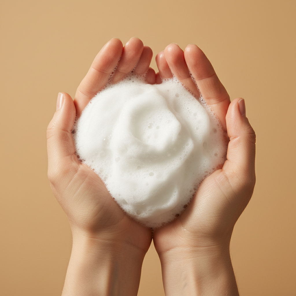 Dense white lather in cupped hands against a warm sand backdrop