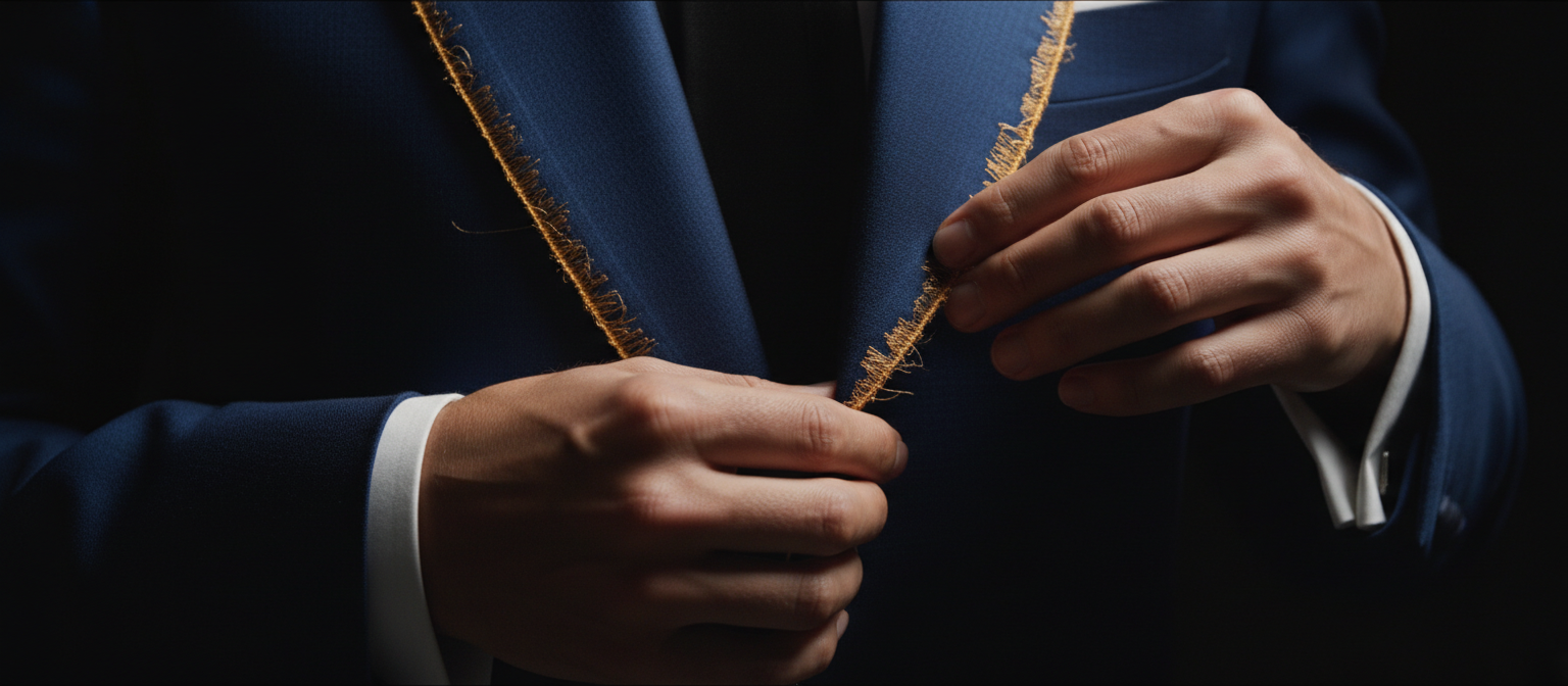 Hands finishing the lapel of a midnight silk jacket