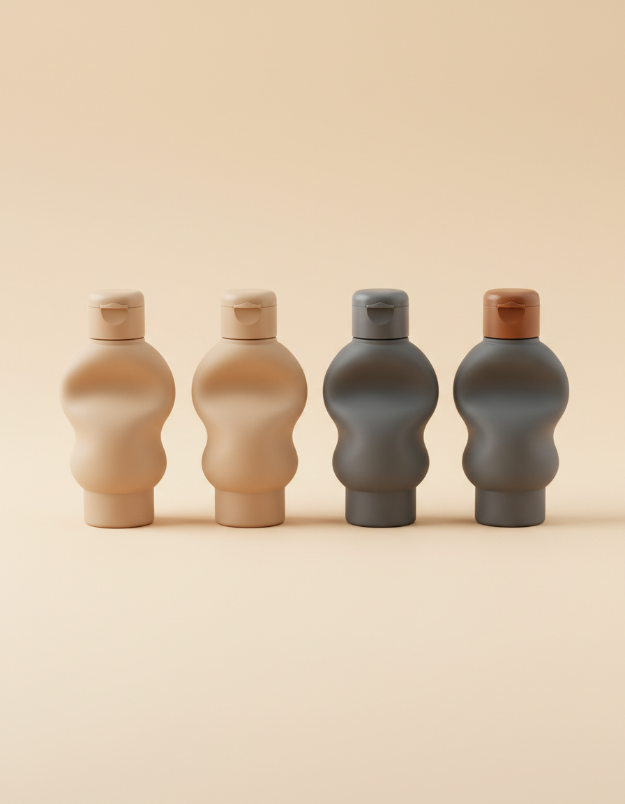 Set of four foldable silicone travel bottles in sand and grey tones