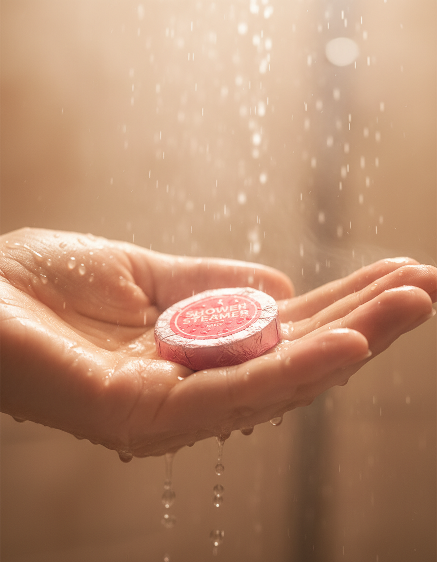 A wet hand holding a shower steamer under warm shower light