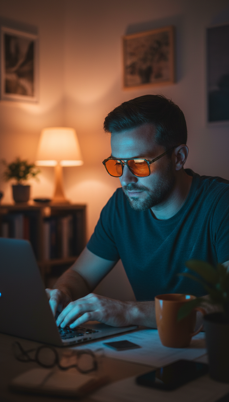 Customer wearing the St Barts⁺ Safari Sunset bluelight frames at a desk in the evening