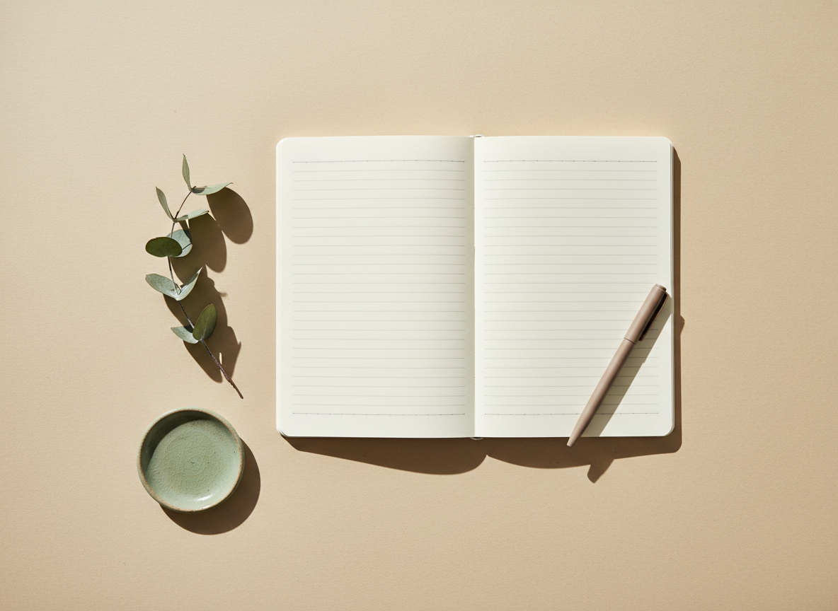 An open blank notebook with a slim pen and a sprig of eucalyptus on a warm cream surface, seen from above