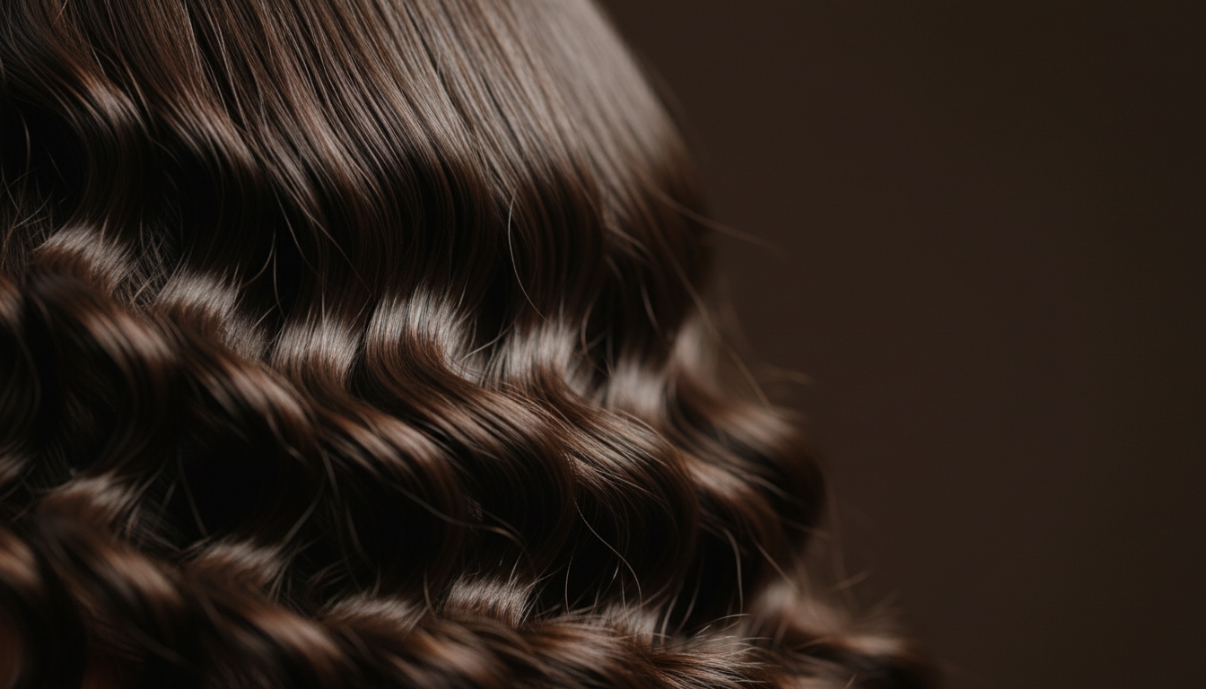 Macro close-up of smoothed, glossy dark curls