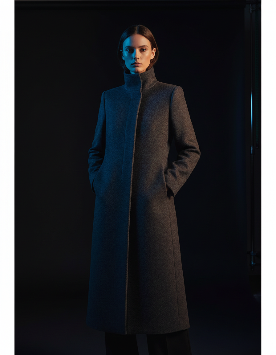 Model in a long wool overcoat, collar raised