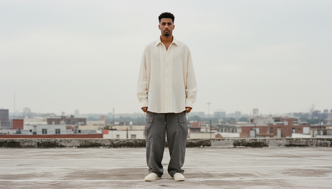 Model in an oversized overshirt and cargo trousers on a concrete rooftop