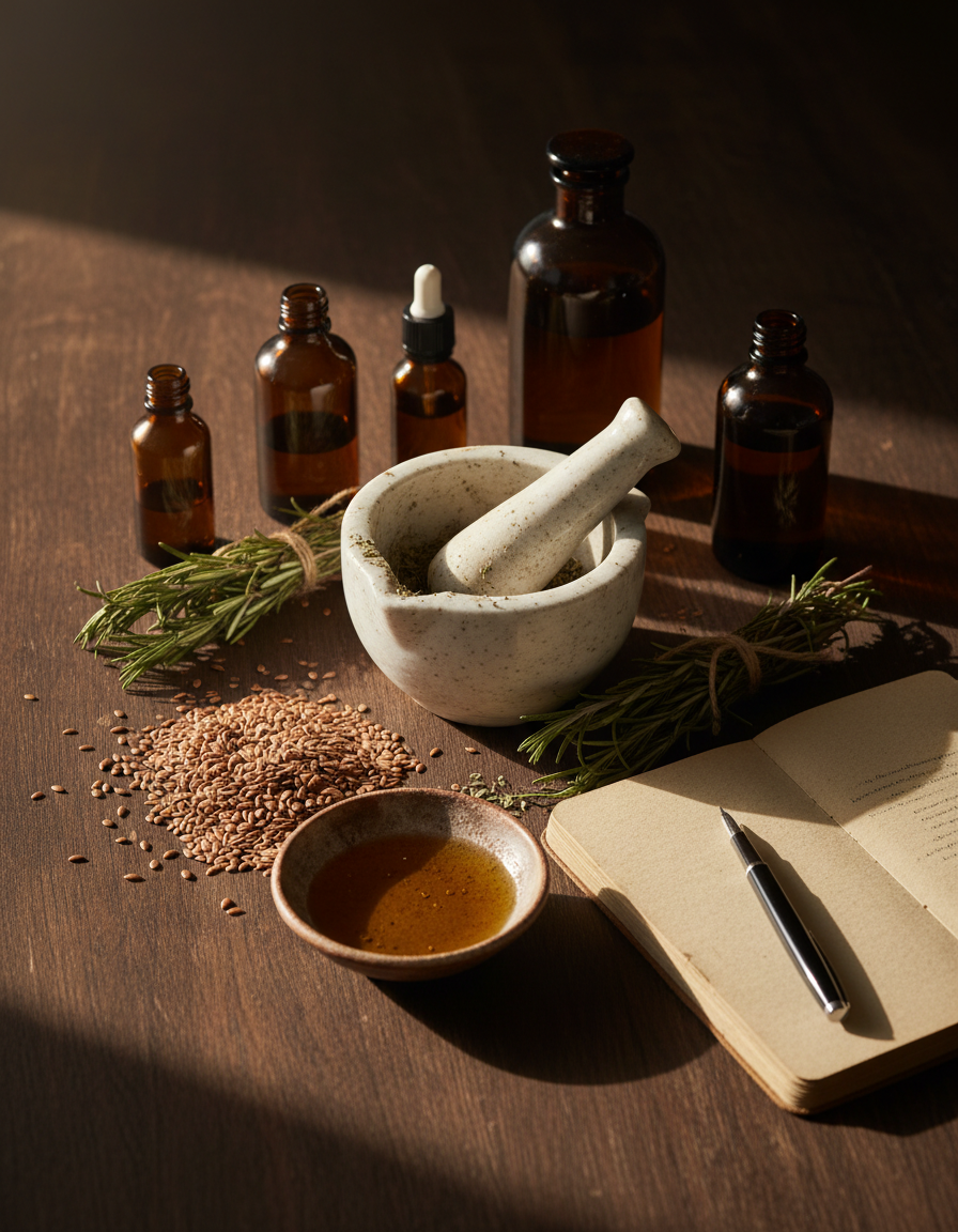 Amber bottles, mortar and pestle, rosemary and flaxseed on a warm wooden worktable