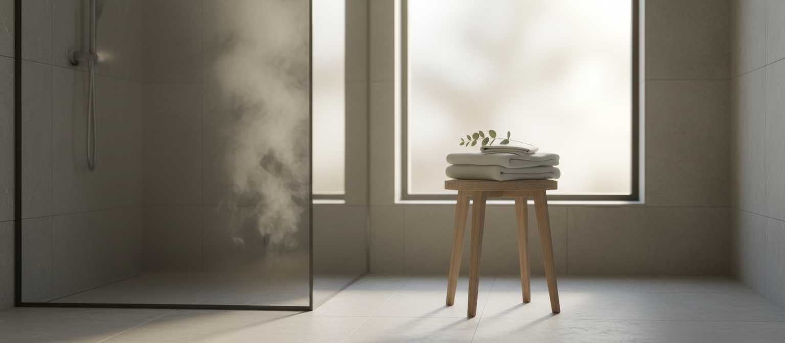 A steam-filled minimalist bathroom with morning light and eucalyptus