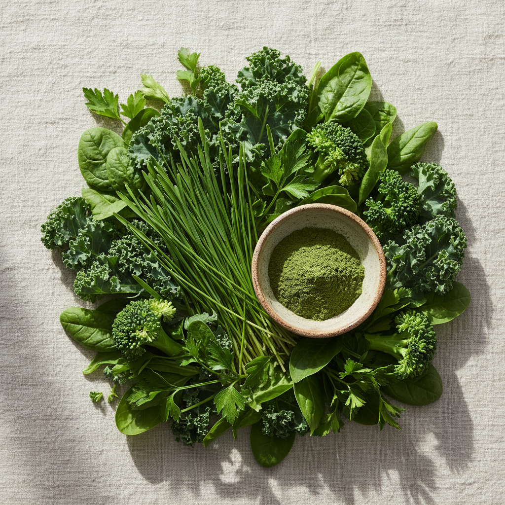 Wheatgrass, kale, spinach, broccoli and parsley arranged on cream linen beside a dish of green powder