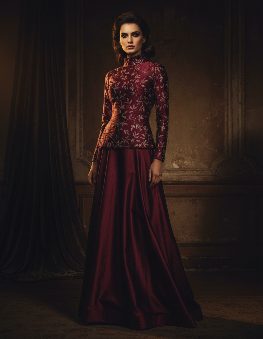 Deep wine festive silk ensemble