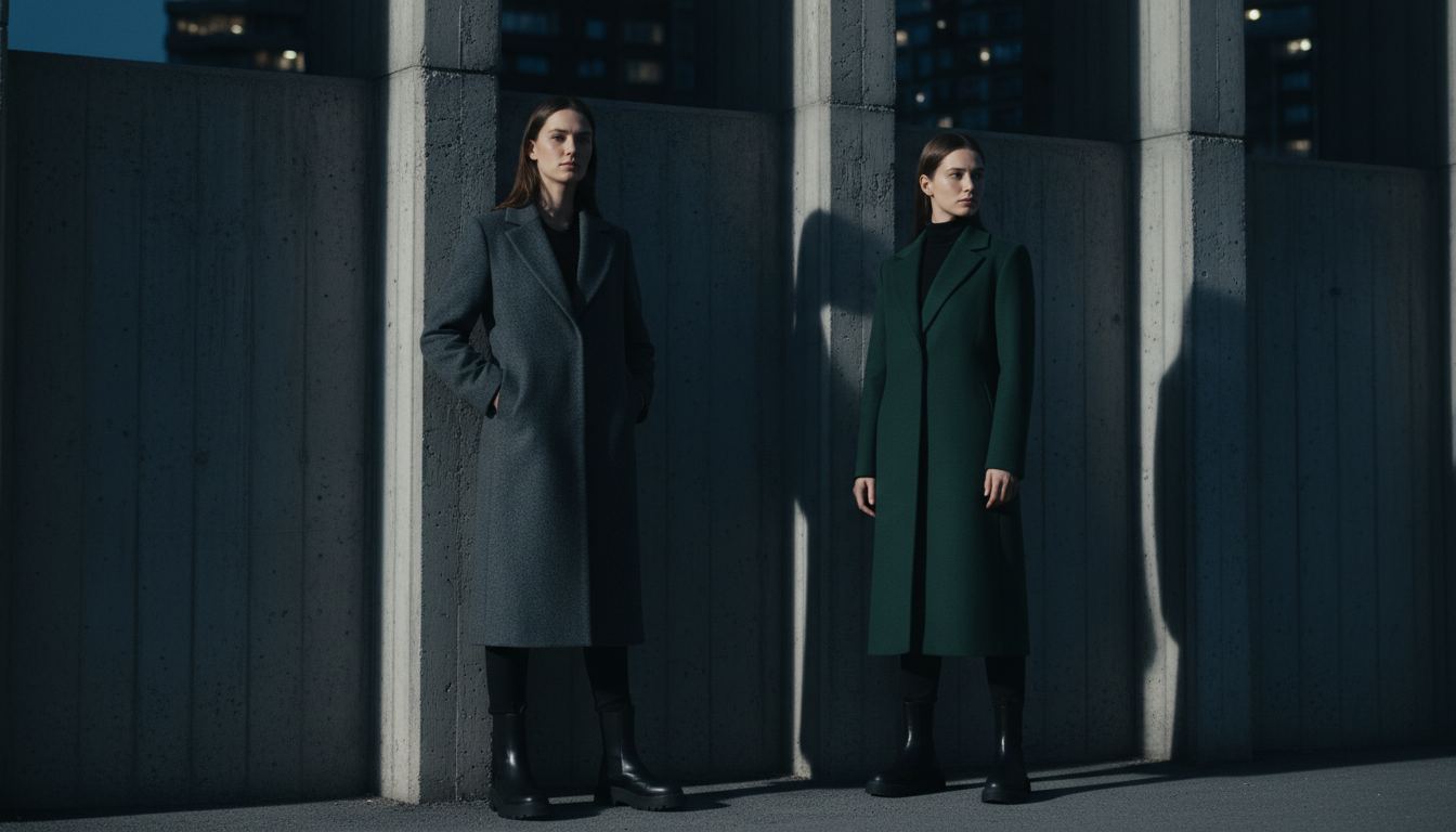 Two women in tailored wool coats before a concrete facade