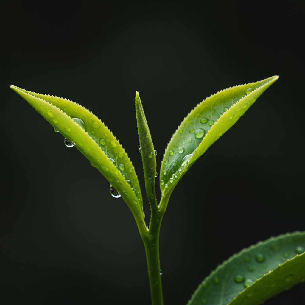 Fresh young green tea leaves with water droplets, lit dramatically against a dark backdrop