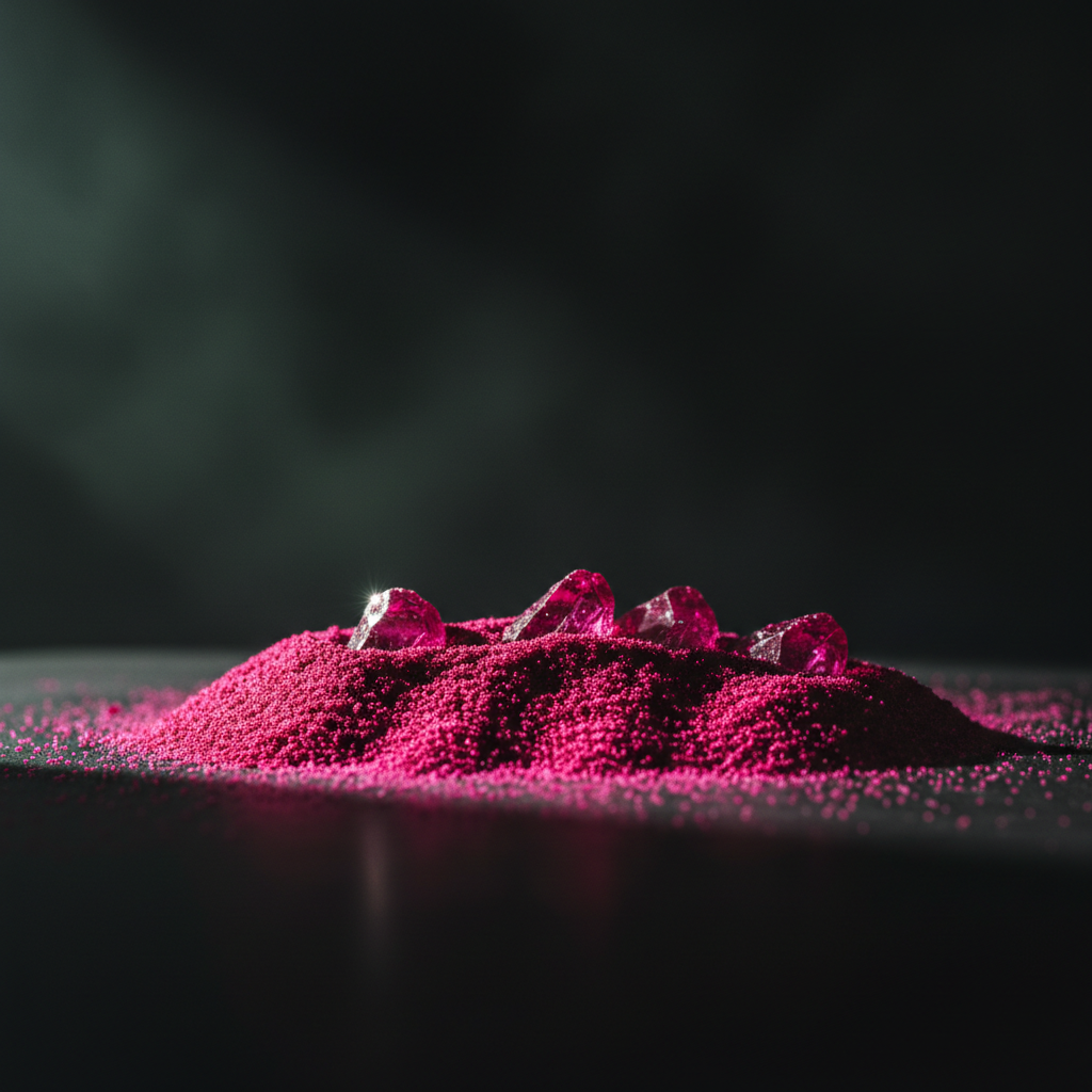 A mound of deep crimson crystalline powder lit dramatically against a dark backdrop