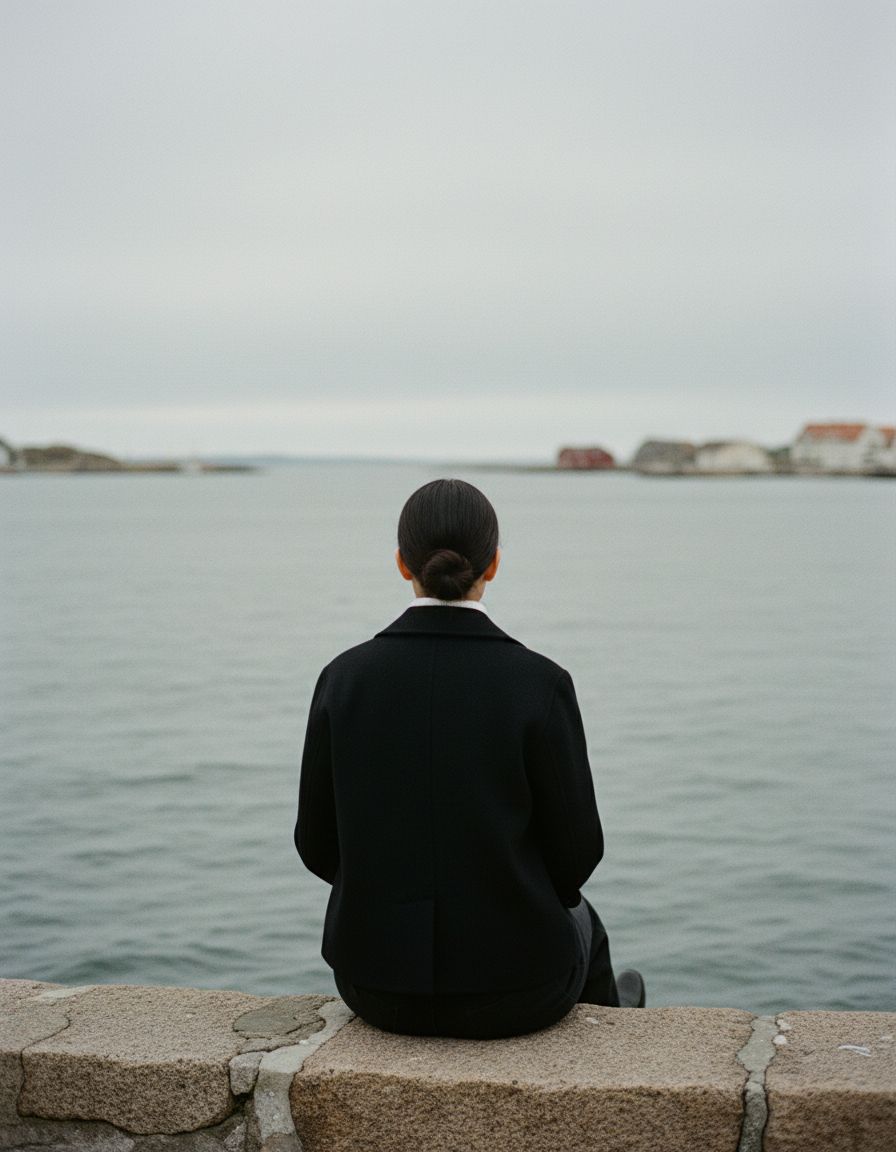 Kåpen i svart, sett bakfra ved havnen