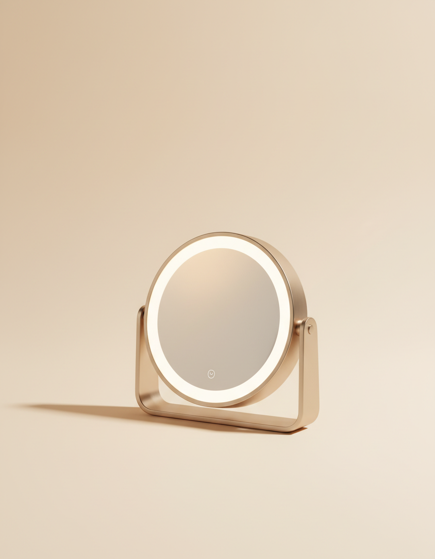 Compact round LED vanity mirror with brushed champagne frame