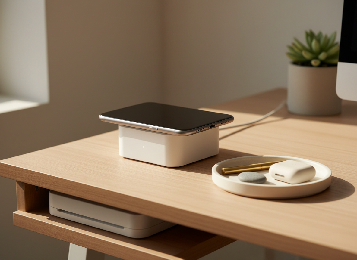 Tidy desk corner with the charging stand and a small accessory tray