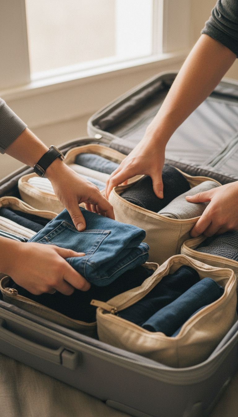 Hands packing folded clothes into fabric organizers inside a suitcase