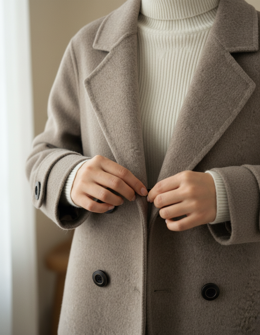 Hender knepper de mørke hornknappene på kåpen over en hvit turtleneck