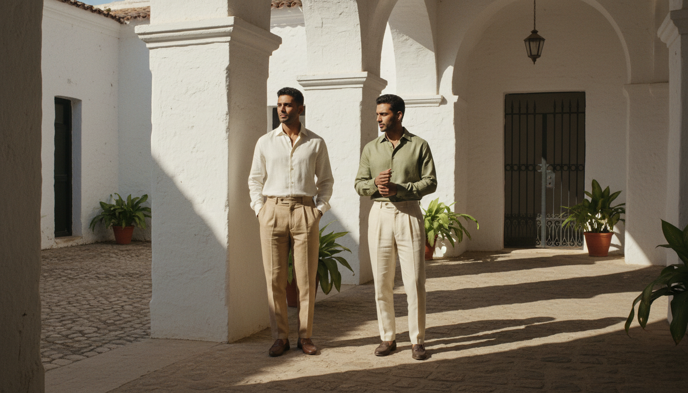 Two models in tailored linen shirts in a whitewashed courtyard