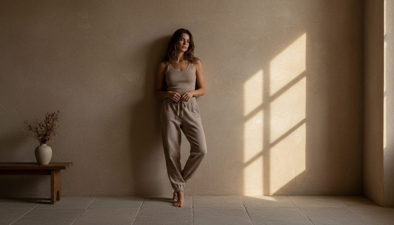 Woman in taupe joggers against a warm plaster wall