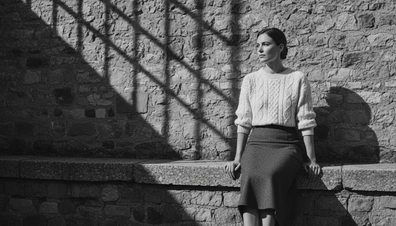Woman in a charcoal wool midi skirt on a stone ledge