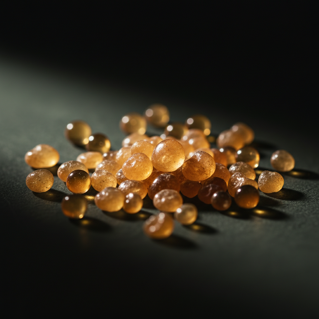 Translucent honey-gold lecithin granules glowing against a dark backdrop