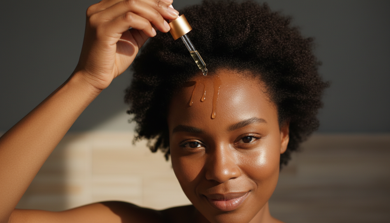 Woman applying scalp oil to her part with a glass dropper