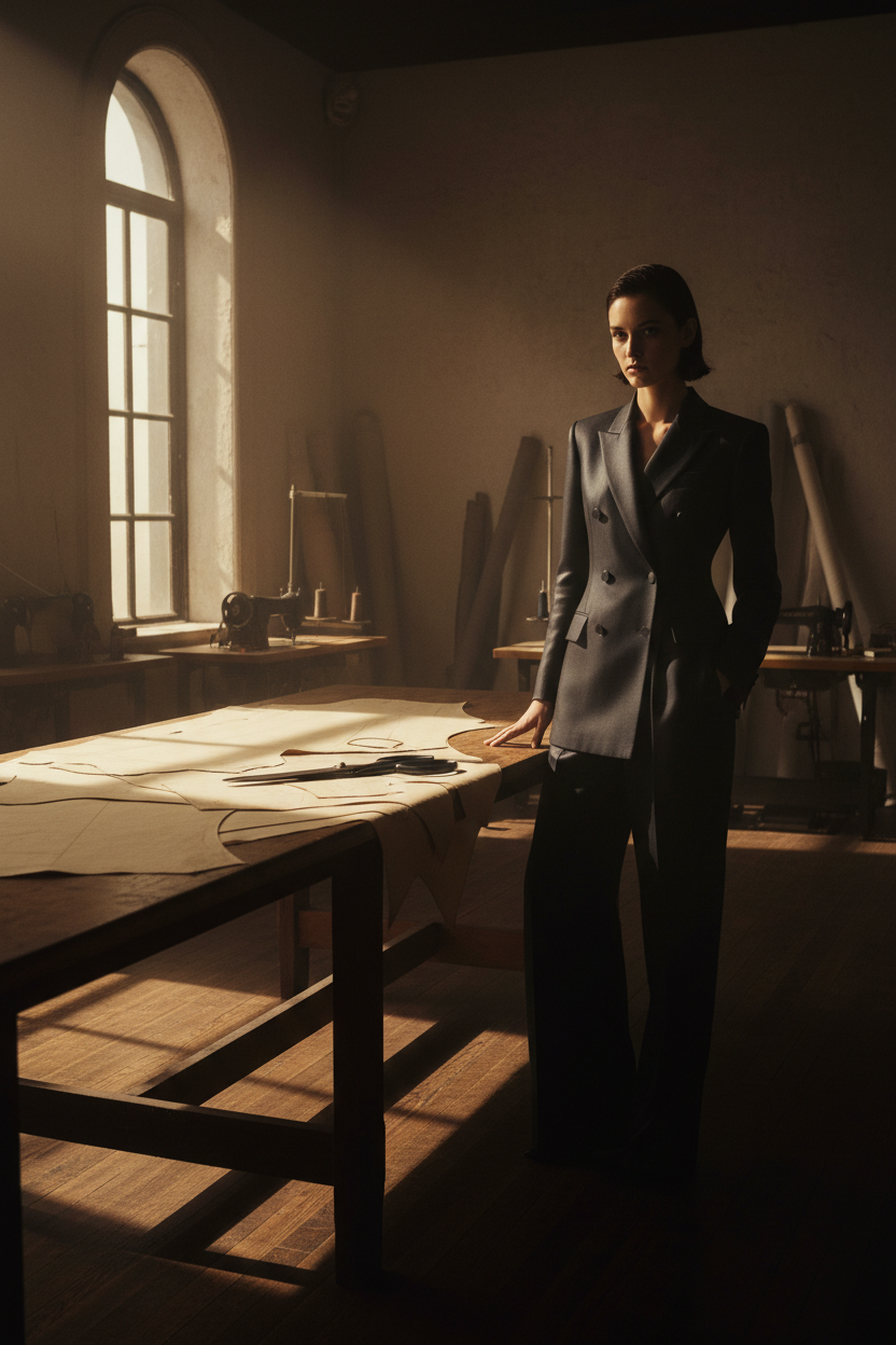 Model in dark silk-wool tailoring beside an atelier cutting table