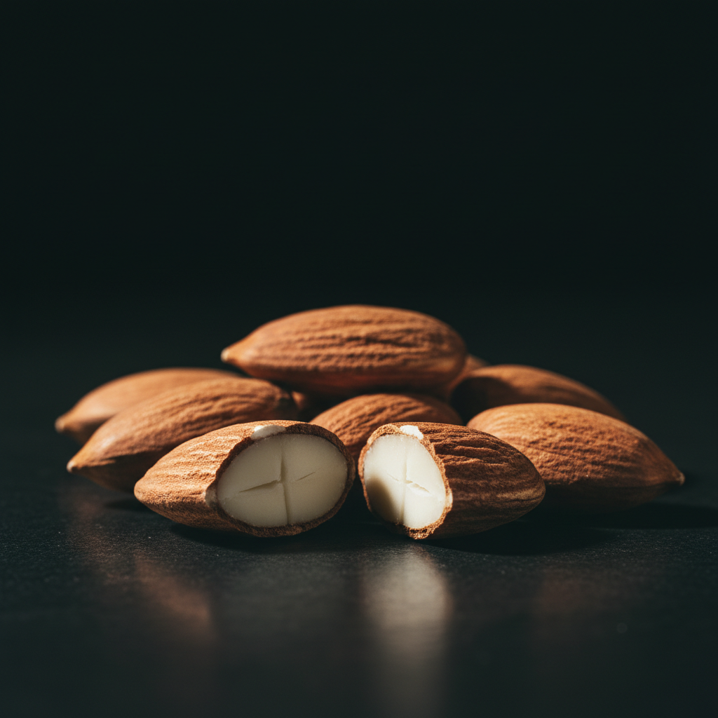 Raw almonds with one split open, lit dramatically against a dark backdrop