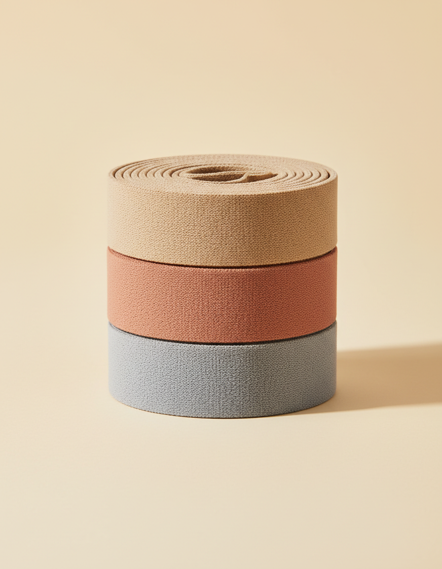 Three rolled fabric resistance bands in sand, clay and grey tones