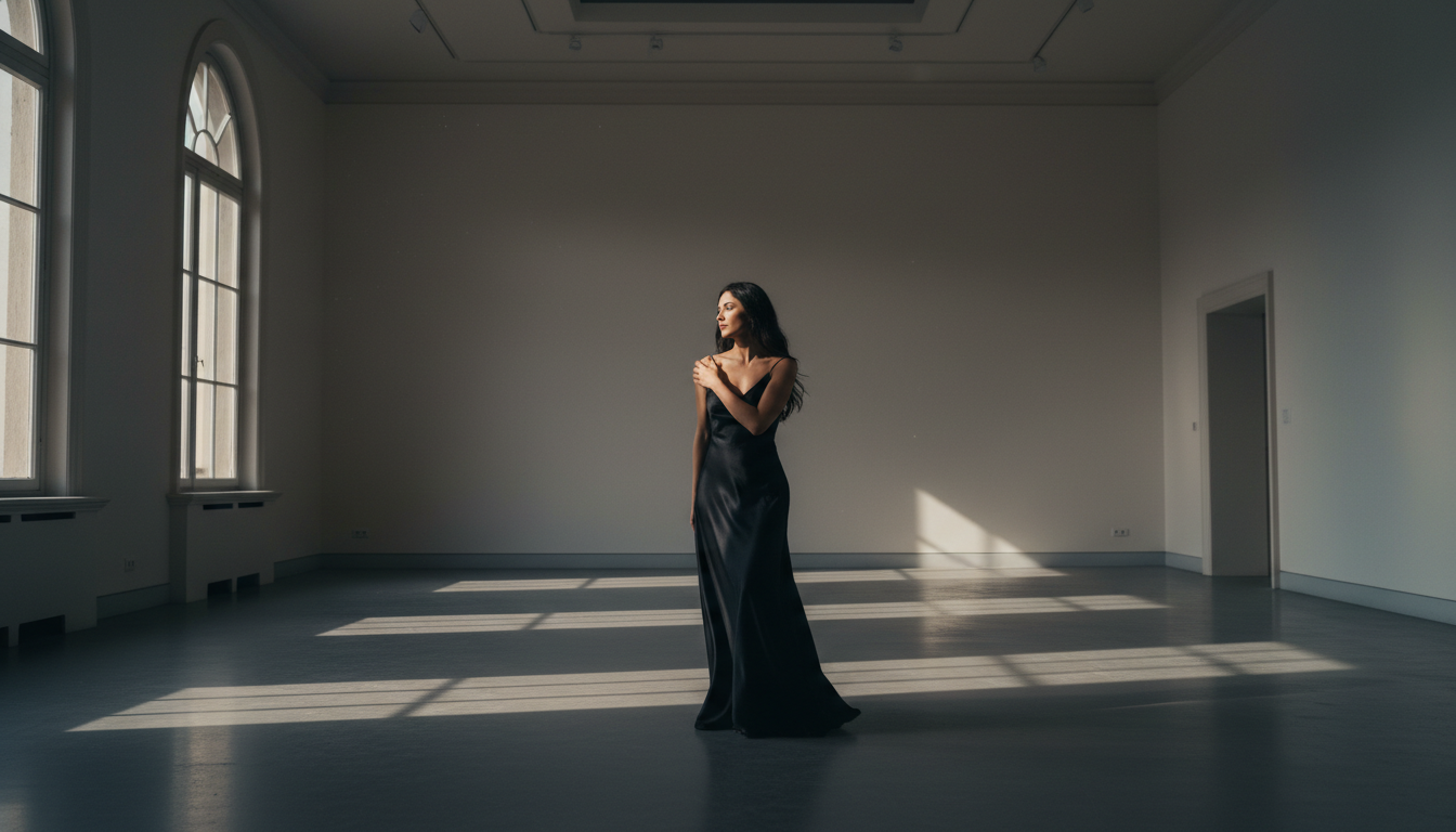 Woman in a black satin slip dress in a gallery at dusk