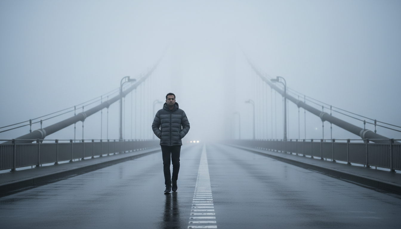 Model in a charcoal puffer walking through morning fog