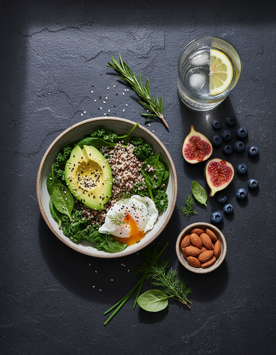 Overhead spread of nourishing whole foods — leafy greens with avocado and quinoa, figs, blueberries, almonds and fresh herbs — on a dark stone surface