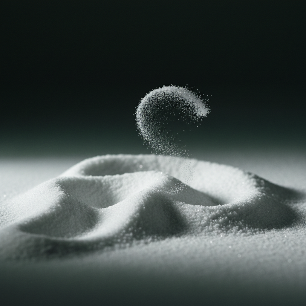 A sculpted drift of fine white powder with an airborne wisp, against a dark backdrop