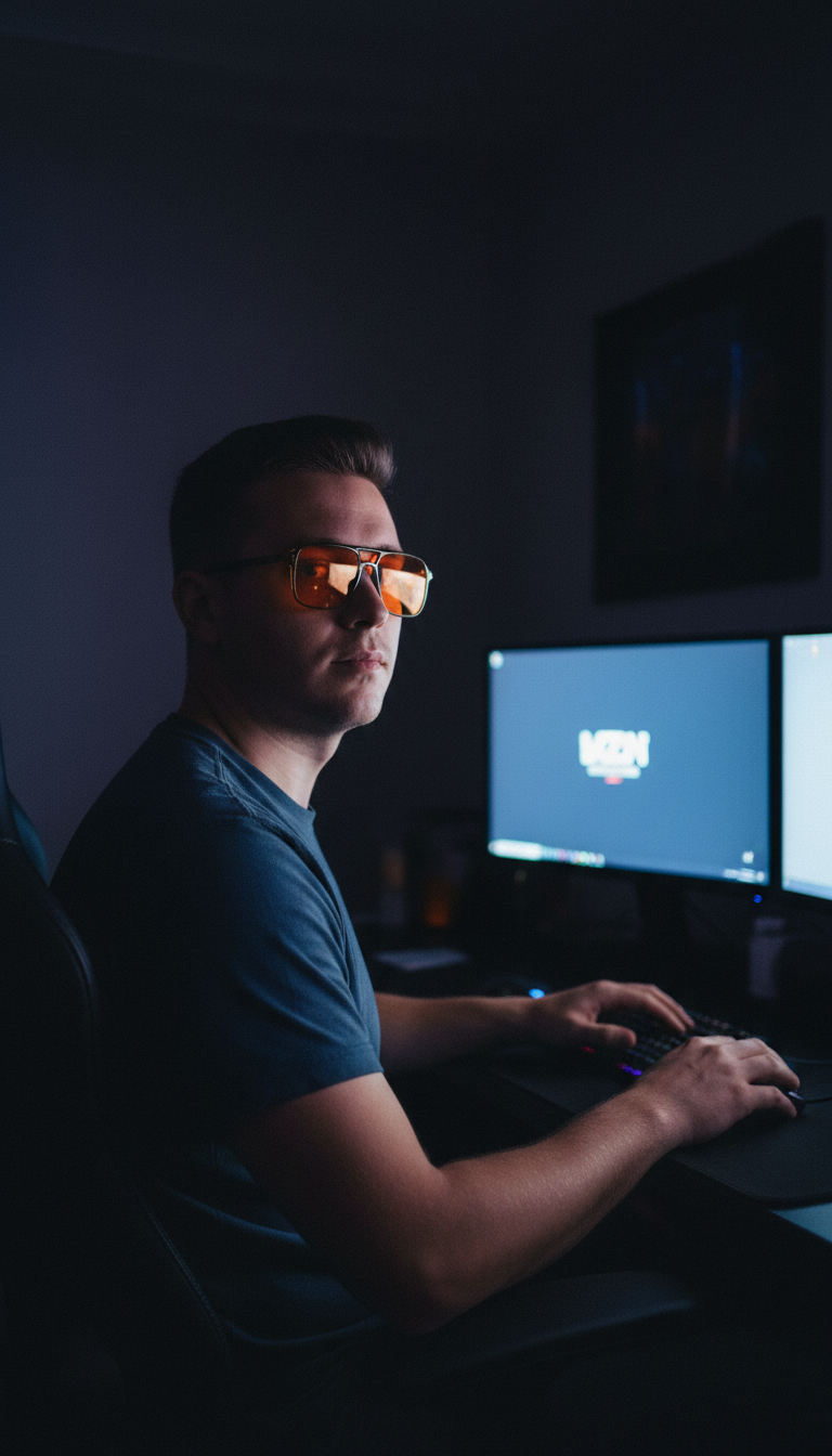 Customer wearing the St Barts⁺ Safari Sunset bluelight frames at a night-time gaming setup