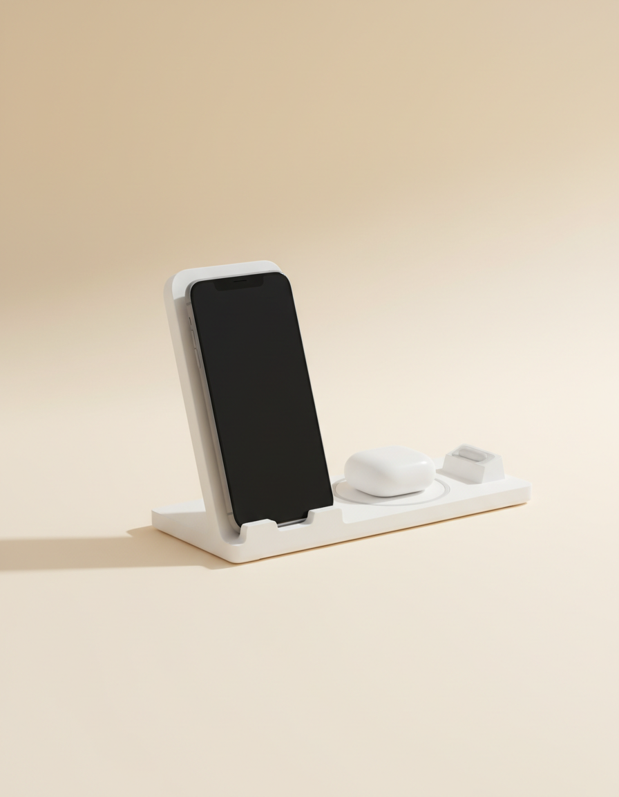 Matte white 3-in-1 wireless charging stand holding a phone and earbuds case