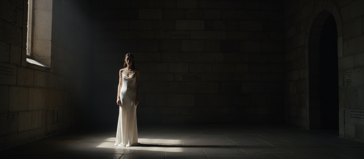 Model in an ivory silk gown in a darkened hall