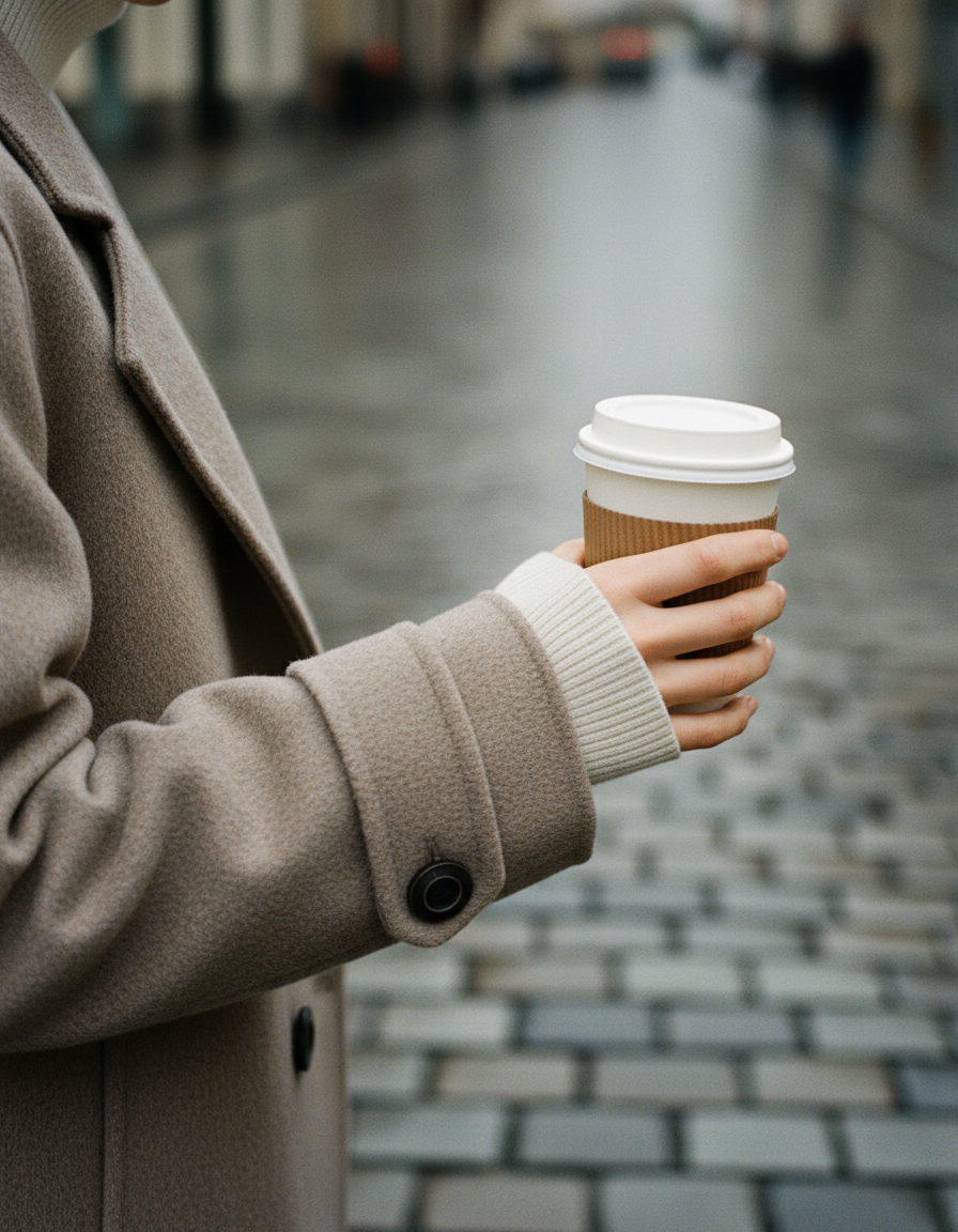 Ermet med knappet mansjettstropp rundt en kaffekopp
