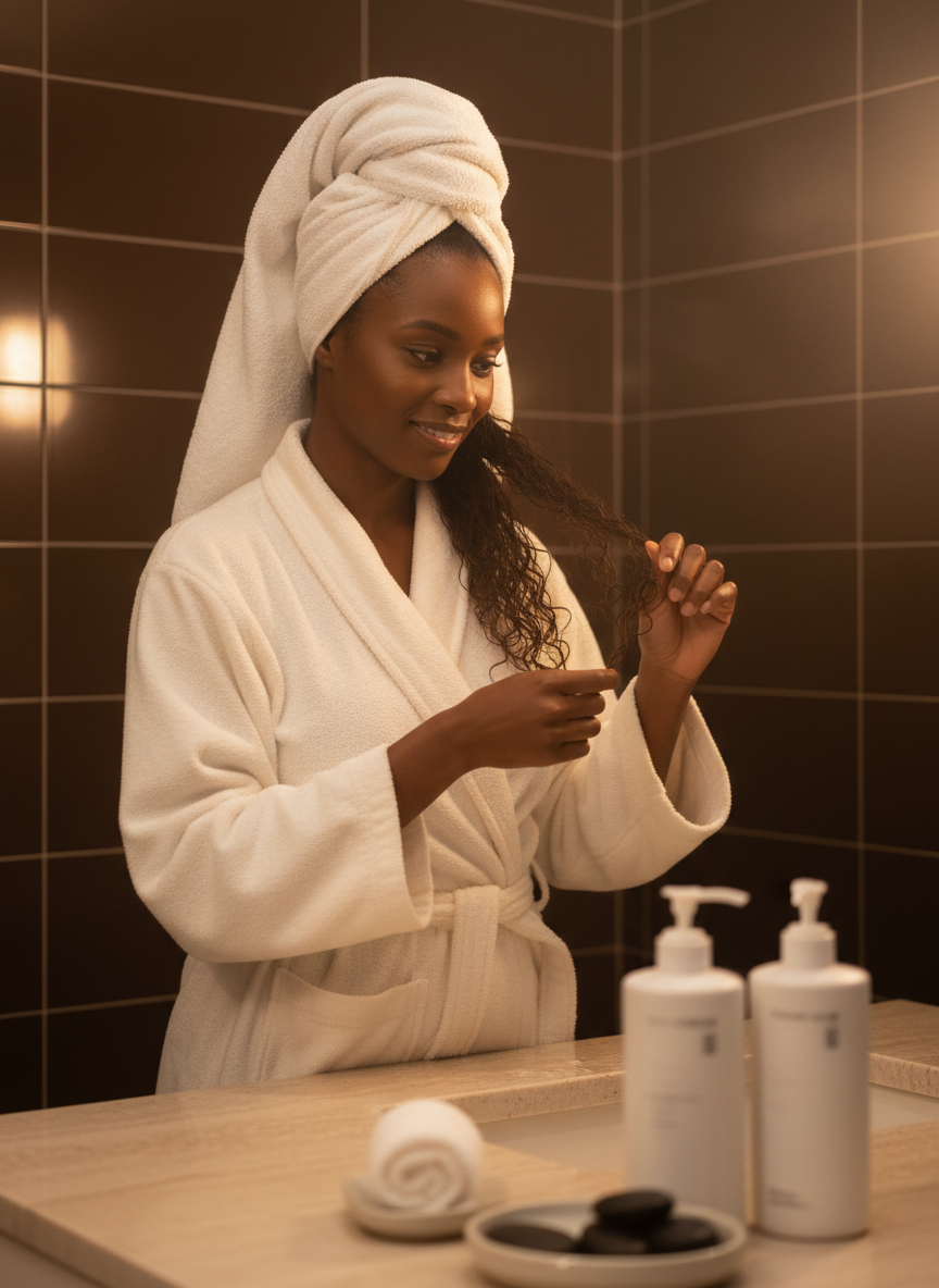 Woman in a cream robe sectioning her damp hair at a warmly lit bathroom counter
