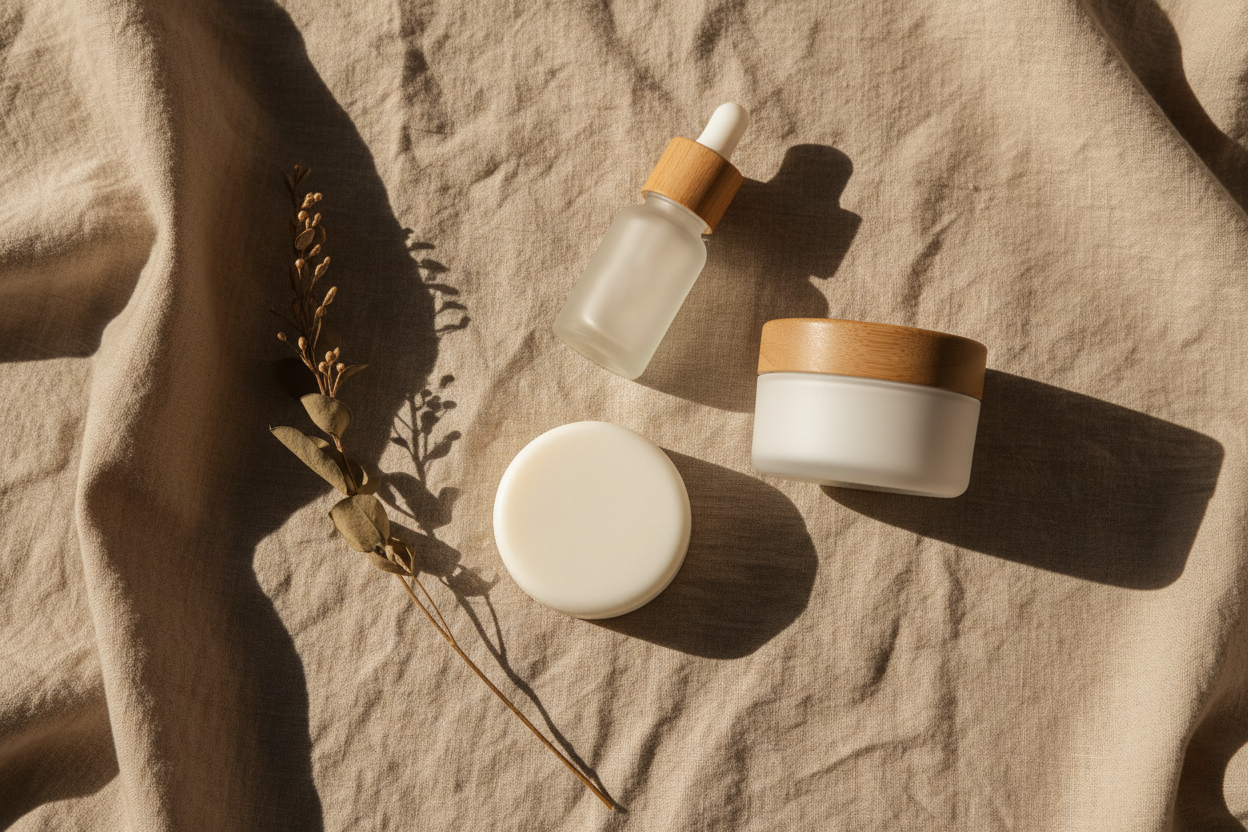 Soap bar, cream jar and dropper bottle laid out on warm beige linen
