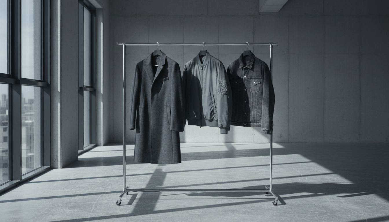 Rail of wool, nylon and denim outerwear