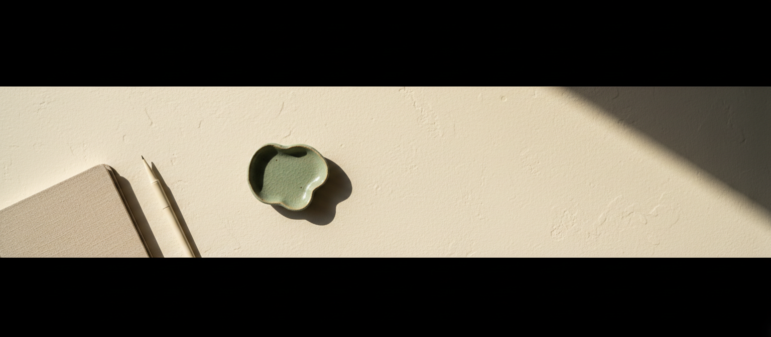 A warm cream plaster surface in soft raking daylight with the corner of a linen notebook and a slim pen