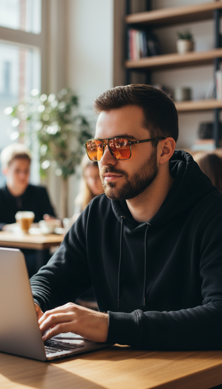 Customer wearing the St Barts⁺ Safari Sunset bluelight frames while working in a coffee shop
