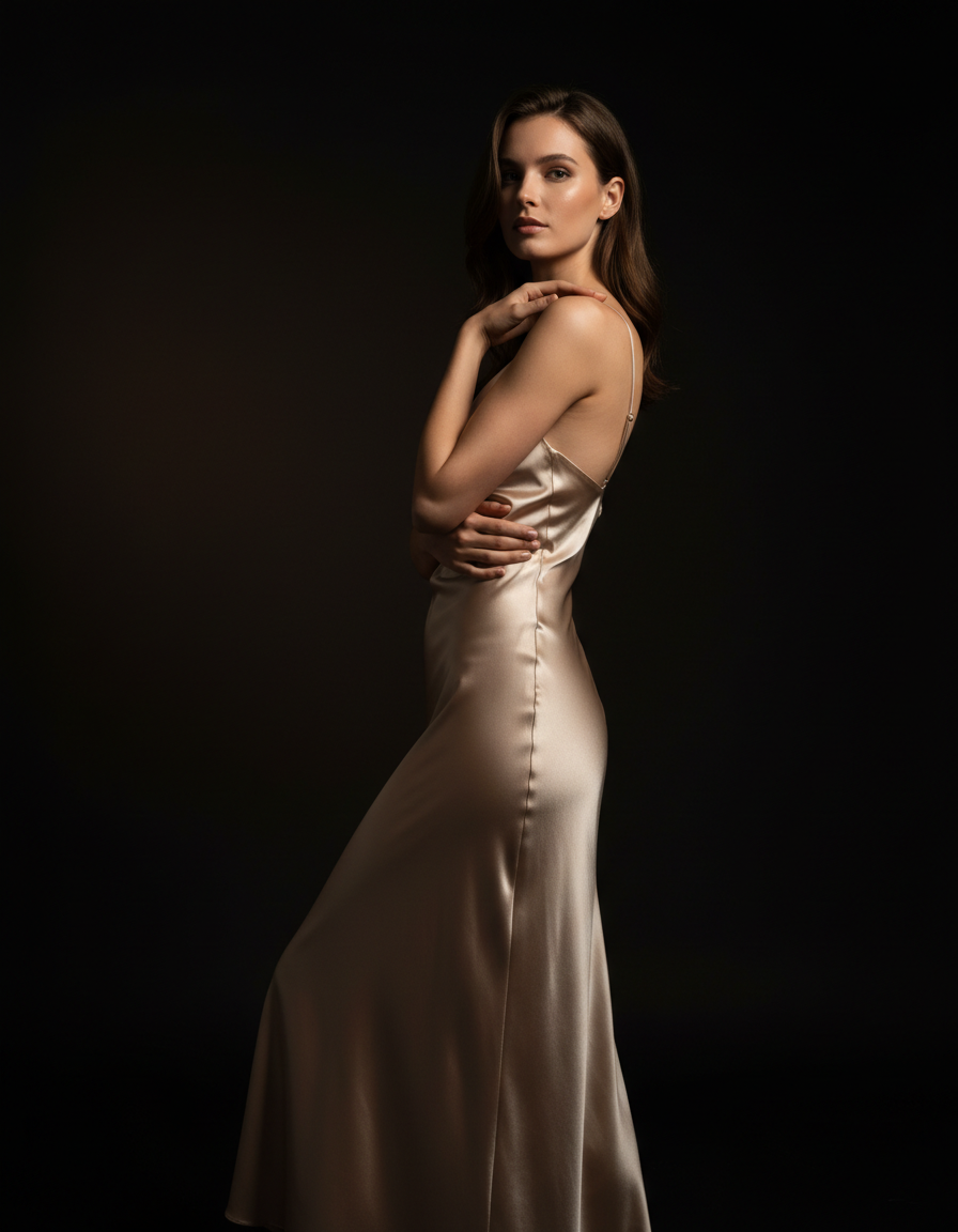 Model in a fluid champagne satin slip dress