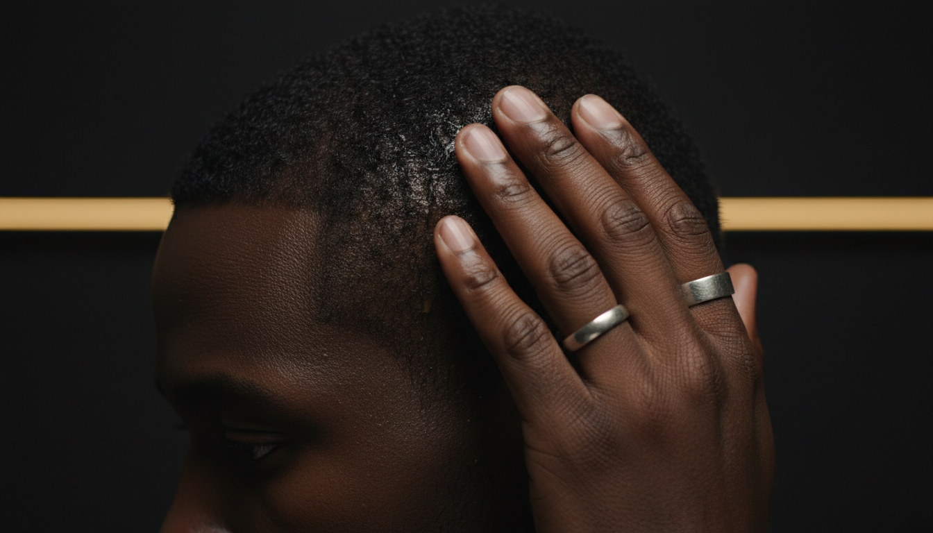 Close detail of a man massaging oil into his hairline