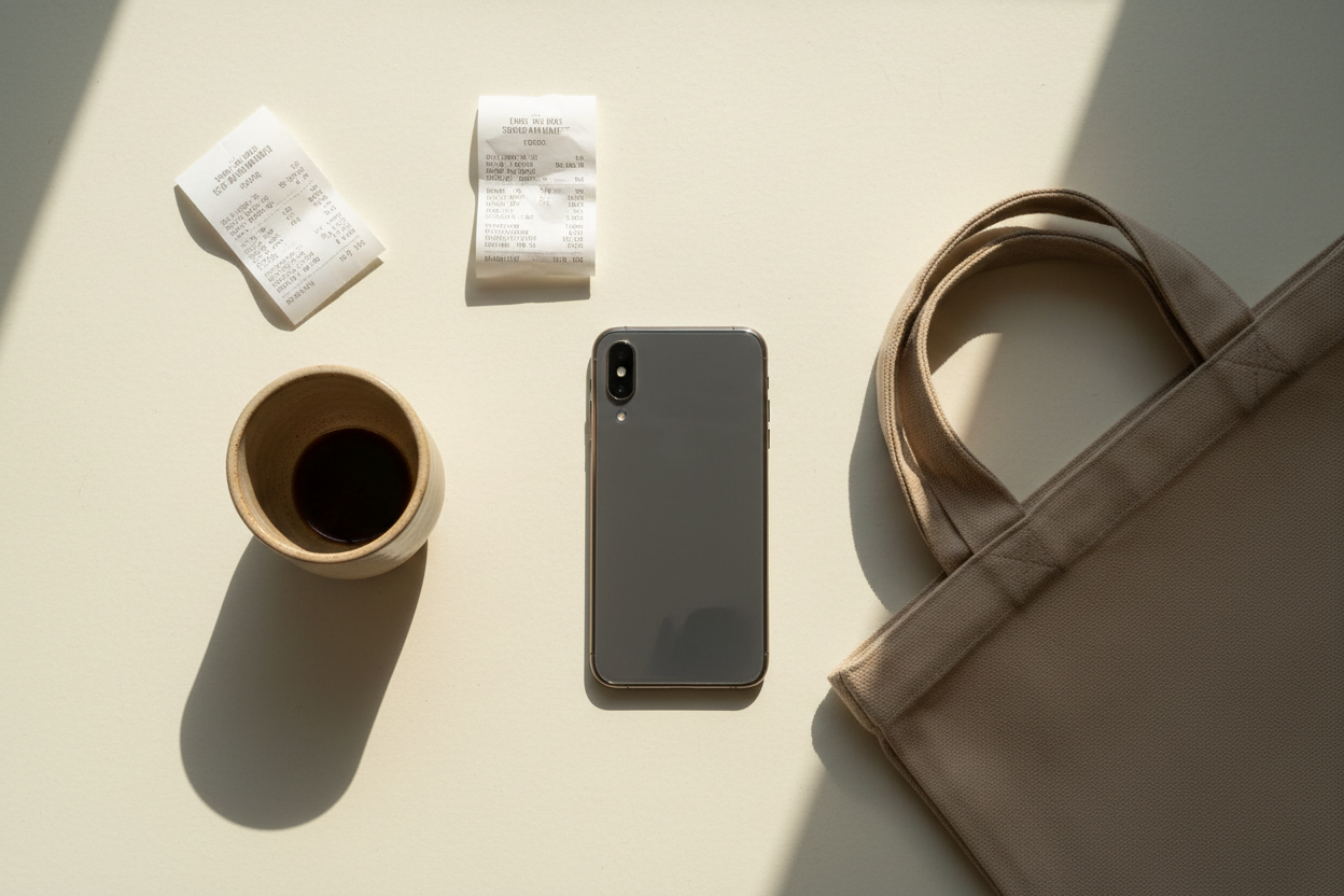 A phone face down beside a coffee cup and a few paper receipts on a pale cream table
