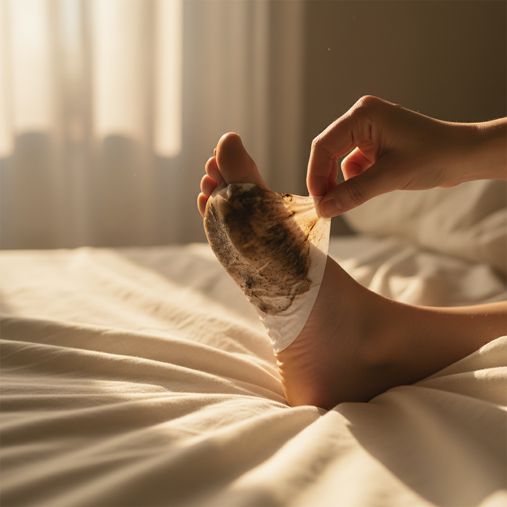 A hand peeling away a used foot patch darkened to deep brown in morning light