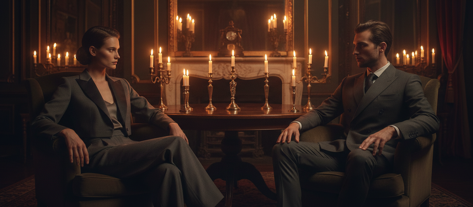 Two figures in evening tailoring in a candlelit salon