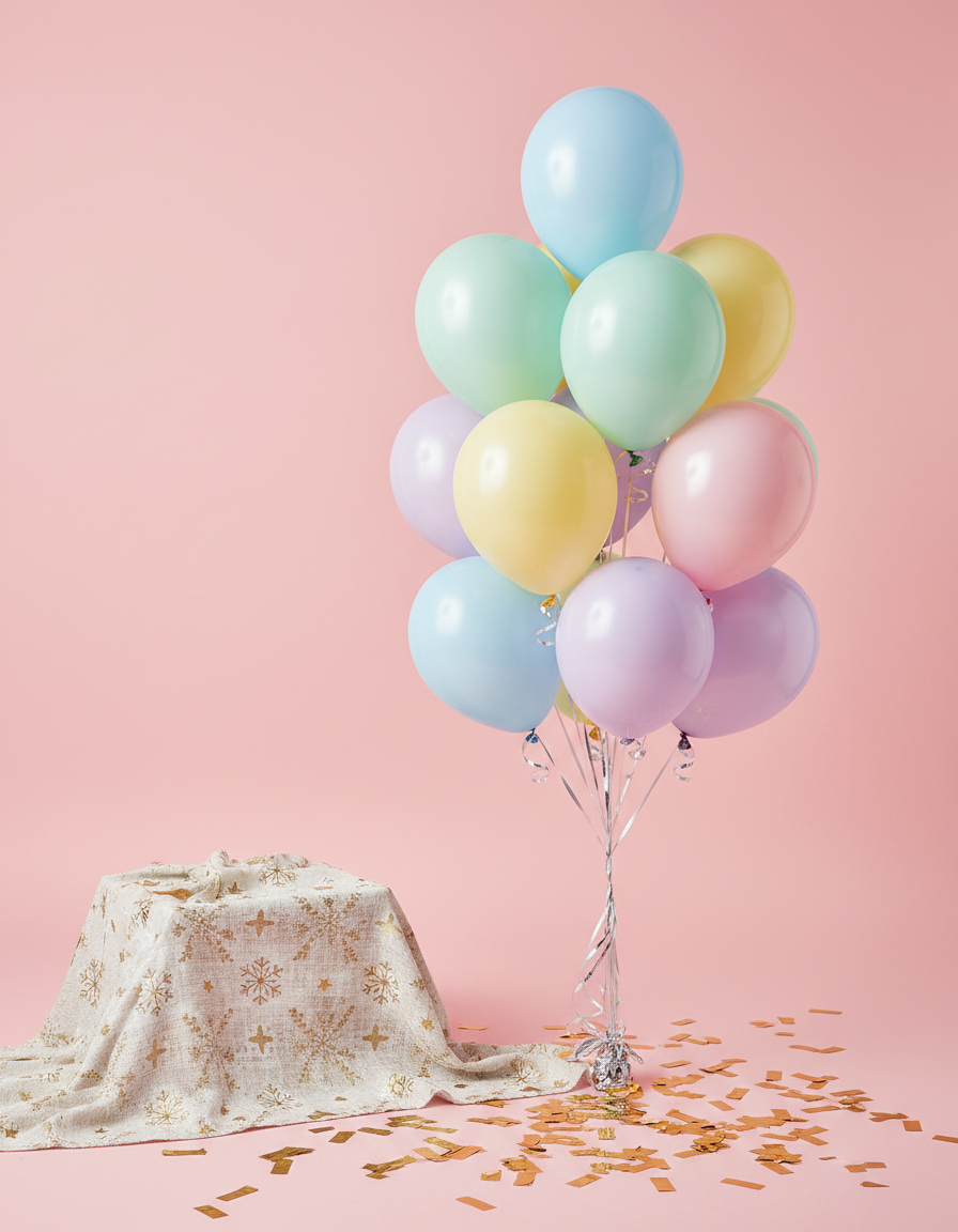 Party decor with pastel macaron balloons, a patterned tablecloth and gold confetti