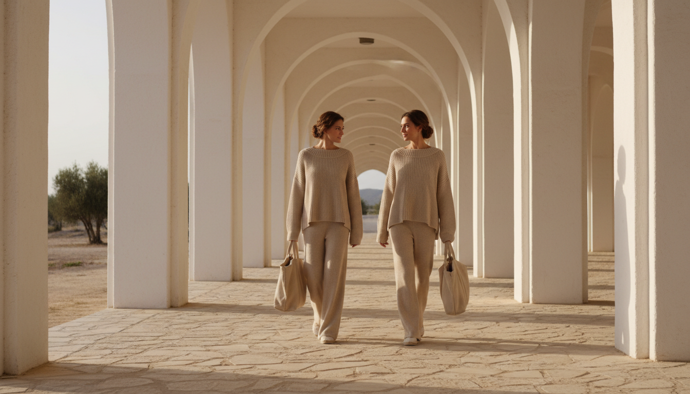 Two women in oatmeal knit co-ord sets in a colonnade